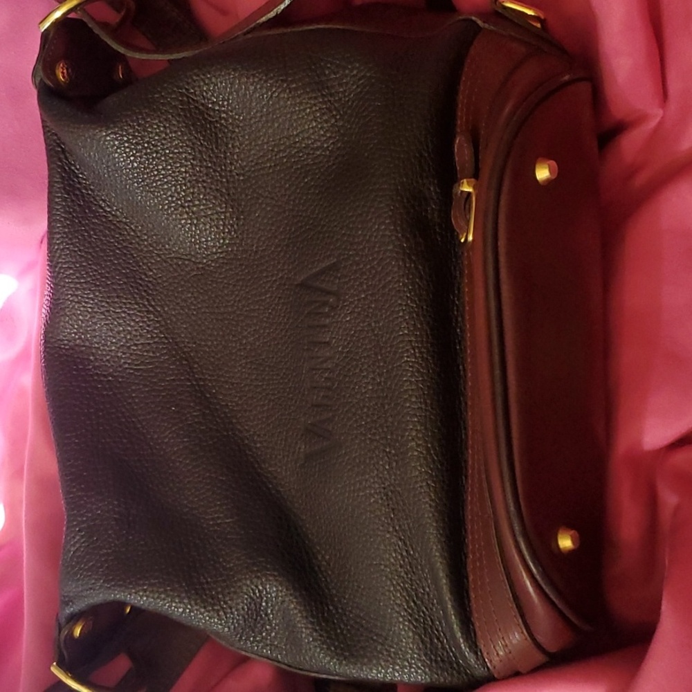 Valentina Black Shoulder Bag with Brown Trim and Gold Hardware